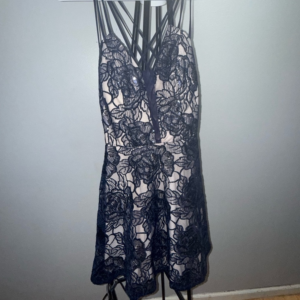 Elegant Lace Overlay Dress in Navy and Cream